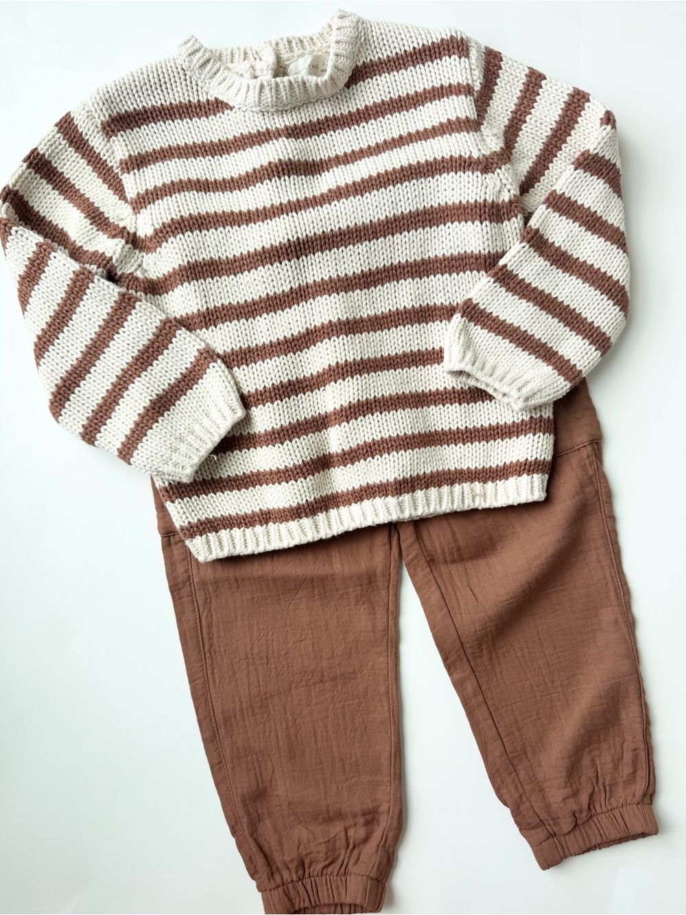 Quincy Mae size 2/3 Cream & Brown Striped Knit Sweater with Brown Jogger Pants